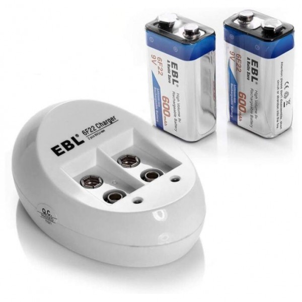 EBL 9V Li-ion Rechargeable Batteries (2PC) and Smart 9V Battery Charger