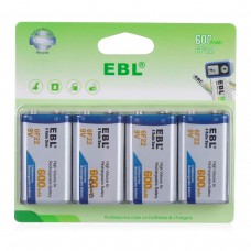EBL 9V 600mAh Li-ion Rechargeable Batteries Lithium 6F22 Batteries 4 Pack [I]
