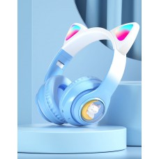 Blue Cat Ears Wireless Headset Stereo Bluetooth 5.0 RGB Soft Earmuffs MP3 Player Headphone for Mobile Phones Laptops Music Men Women